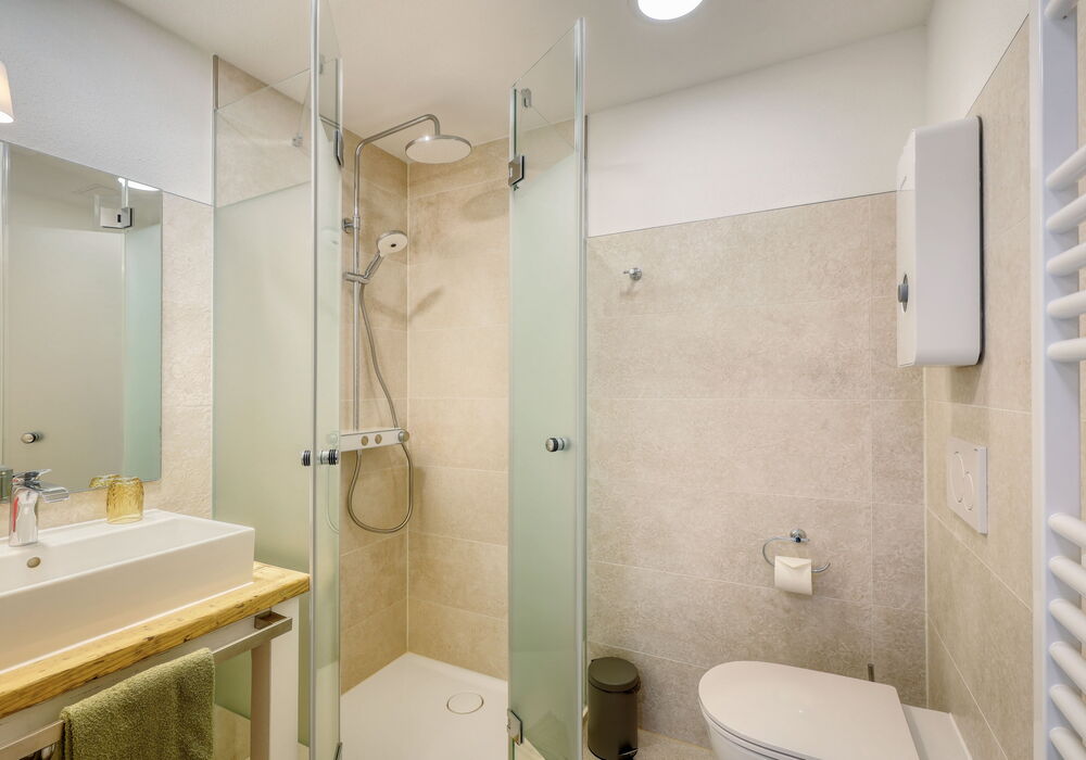 Bright, modern bathroom with shower, wash basin and toilet