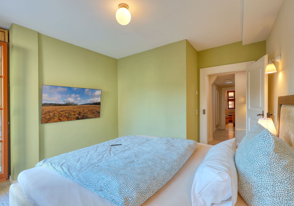 Cozy bedroom with boxspring bed and TV